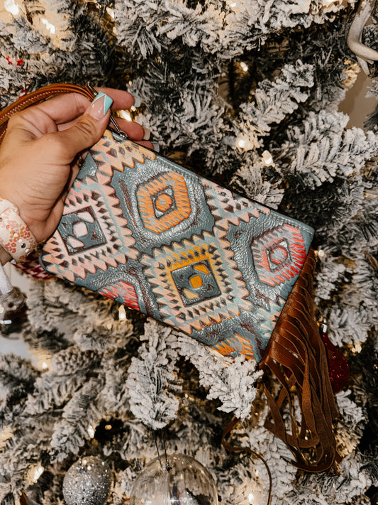 Blue Aztec Wristlet