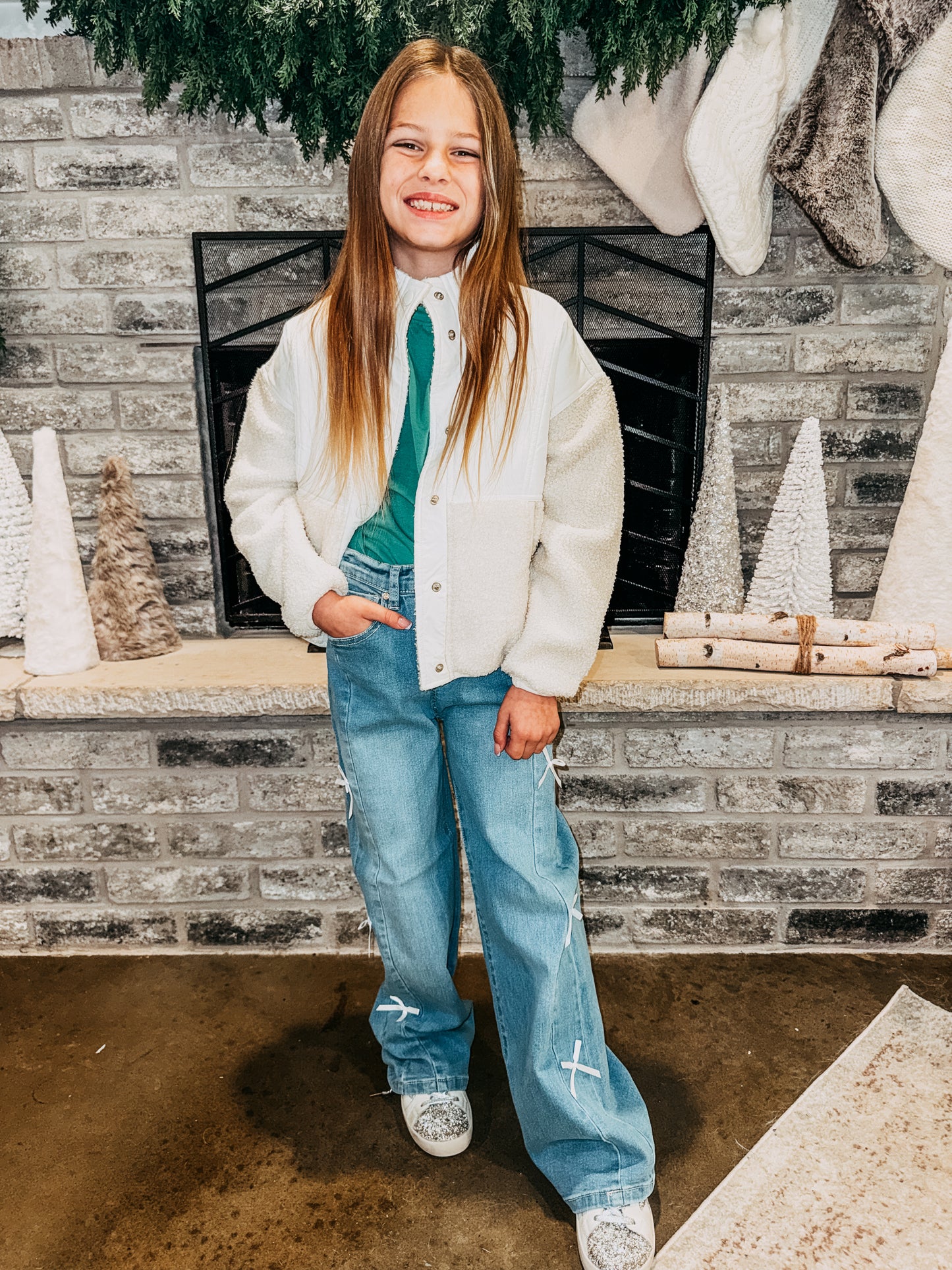 Girls Wide Leg Bow Jeans